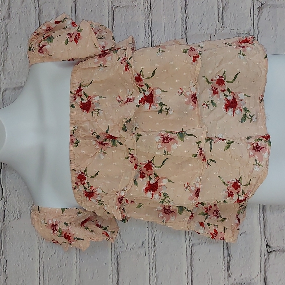 Pink Floral Tiered Peasant Crop Top Blouse American Eagle Outfitters S Small